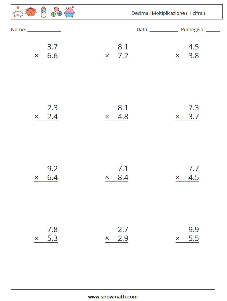 (12) Decimali Moltiplicazione ( 1 cifra ) Fogli di lavoro di matematica 14