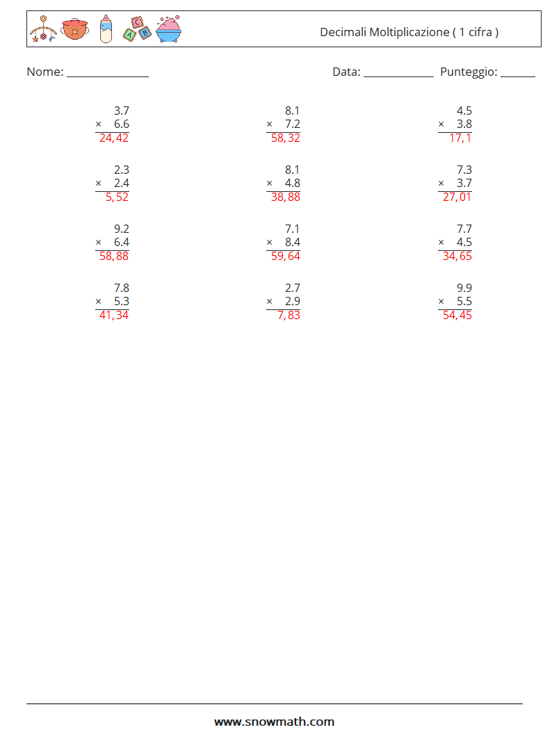 (12) Decimali Moltiplicazione ( 1 cifra ) Fogli di lavoro di matematica 14 Domanda, Risposta