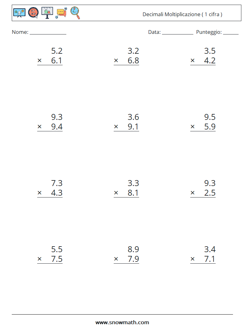 (12) Decimali Moltiplicazione ( 1 cifra ) Fogli di lavoro di matematica 15