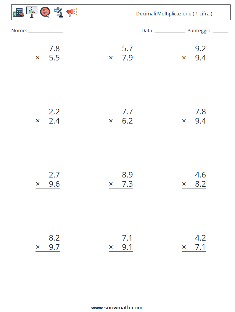 (12) Decimali Moltiplicazione ( 1 cifra ) Fogli di lavoro di matematica 18