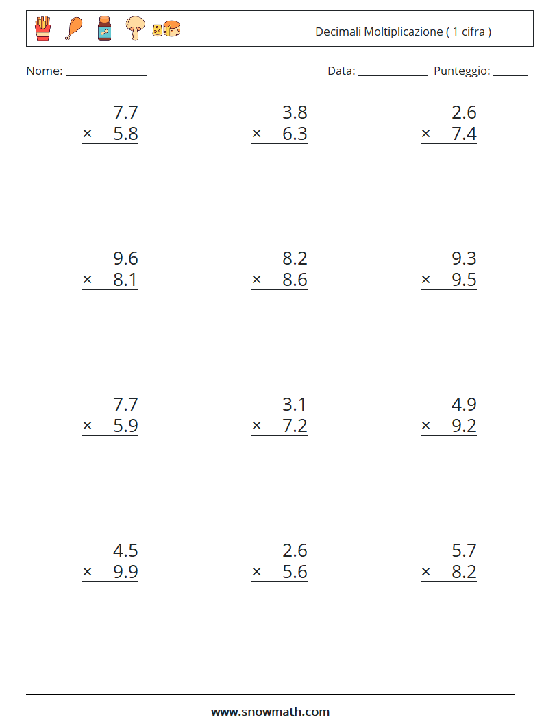 (12) Decimali Moltiplicazione ( 1 cifra ) Fogli di lavoro di matematica 2