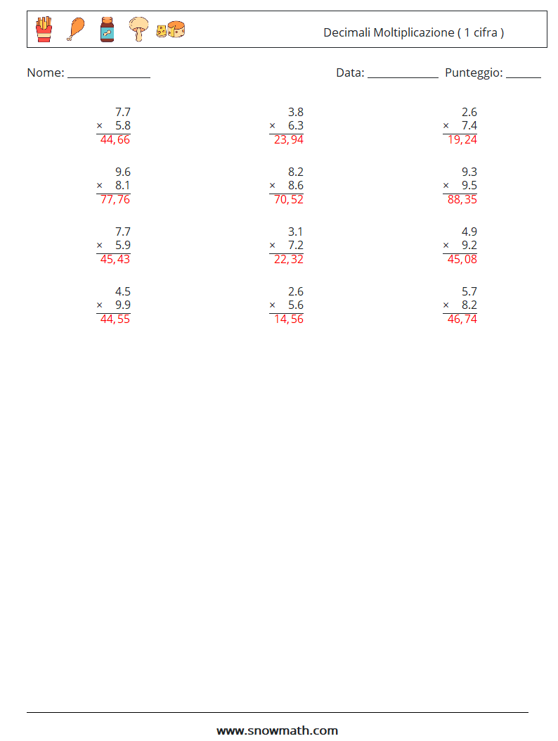 (12) Decimali Moltiplicazione ( 1 cifra ) Fogli di lavoro di matematica 2 Domanda, Risposta