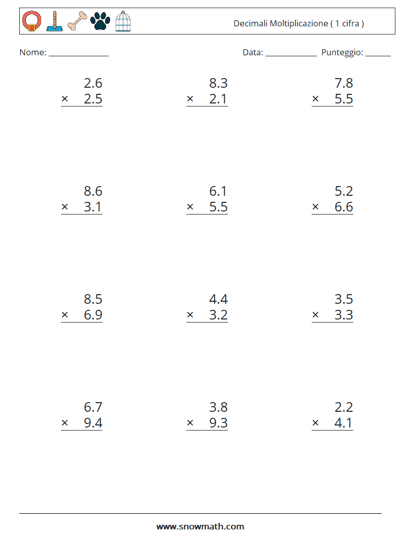 (12) Decimali Moltiplicazione ( 1 cifra ) Fogli di lavoro di matematica 4