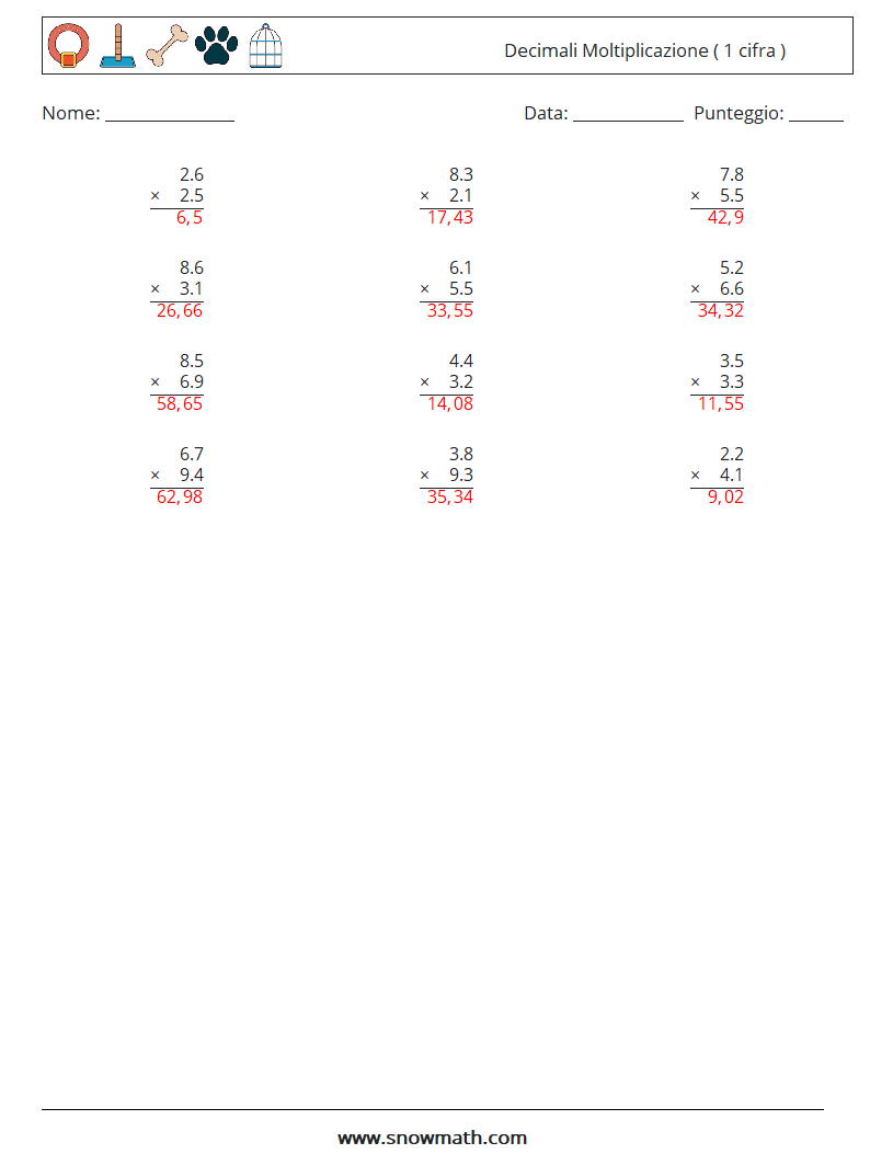 (12) Decimali Moltiplicazione ( 1 cifra ) Fogli di lavoro di matematica 4 Domanda, Risposta