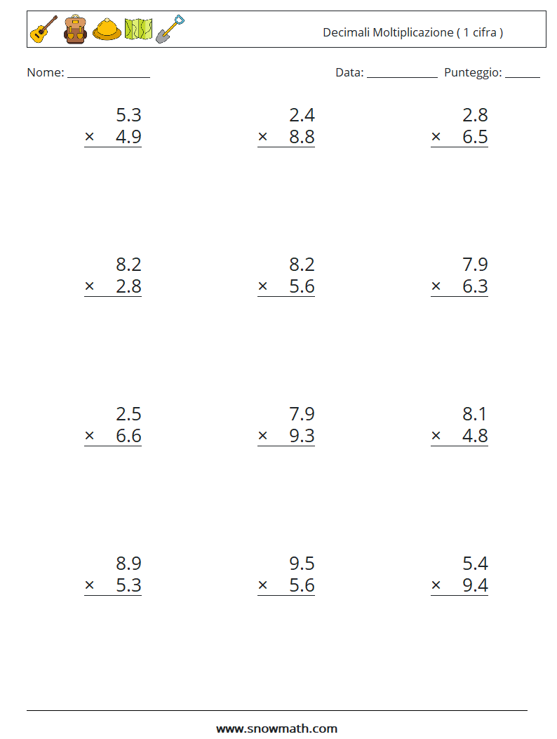 (12) Decimali Moltiplicazione ( 1 cifra ) Fogli di lavoro di matematica 5