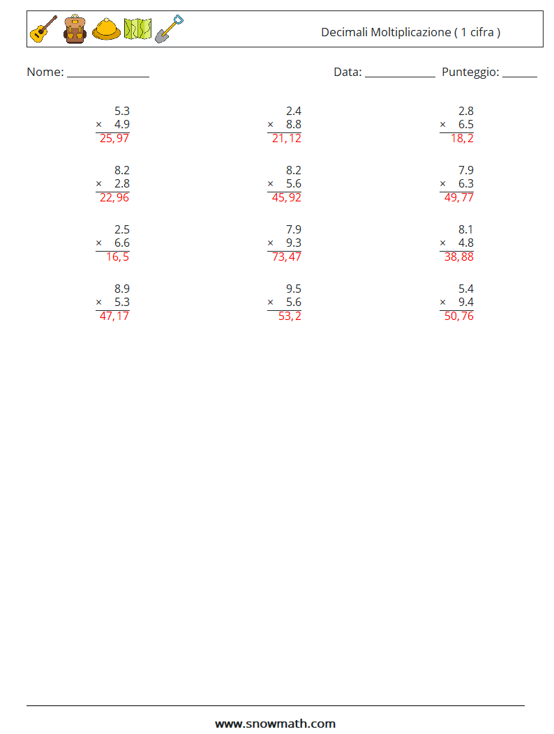 (12) Decimali Moltiplicazione ( 1 cifra ) Fogli di lavoro di matematica 5 Domanda, Risposta