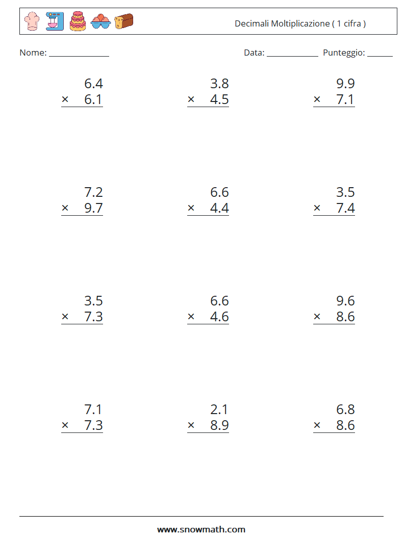 (12) Decimali Moltiplicazione ( 1 cifra ) Fogli di lavoro di matematica 6