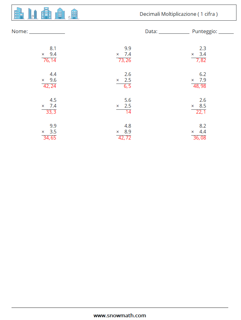 (12) Decimali Moltiplicazione ( 1 cifra ) Fogli di lavoro di matematica 7 Domanda, Risposta