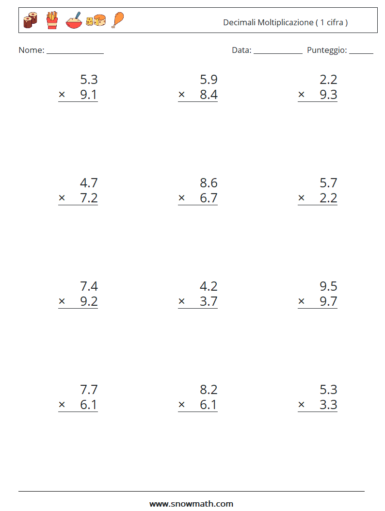 (12) Decimali Moltiplicazione ( 1 cifra ) Fogli di lavoro di matematica 8