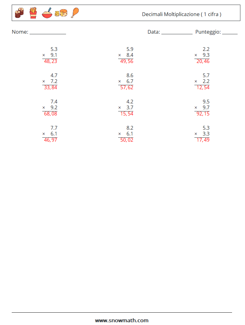 (12) Decimali Moltiplicazione ( 1 cifra ) Fogli di lavoro di matematica 8 Domanda, Risposta
