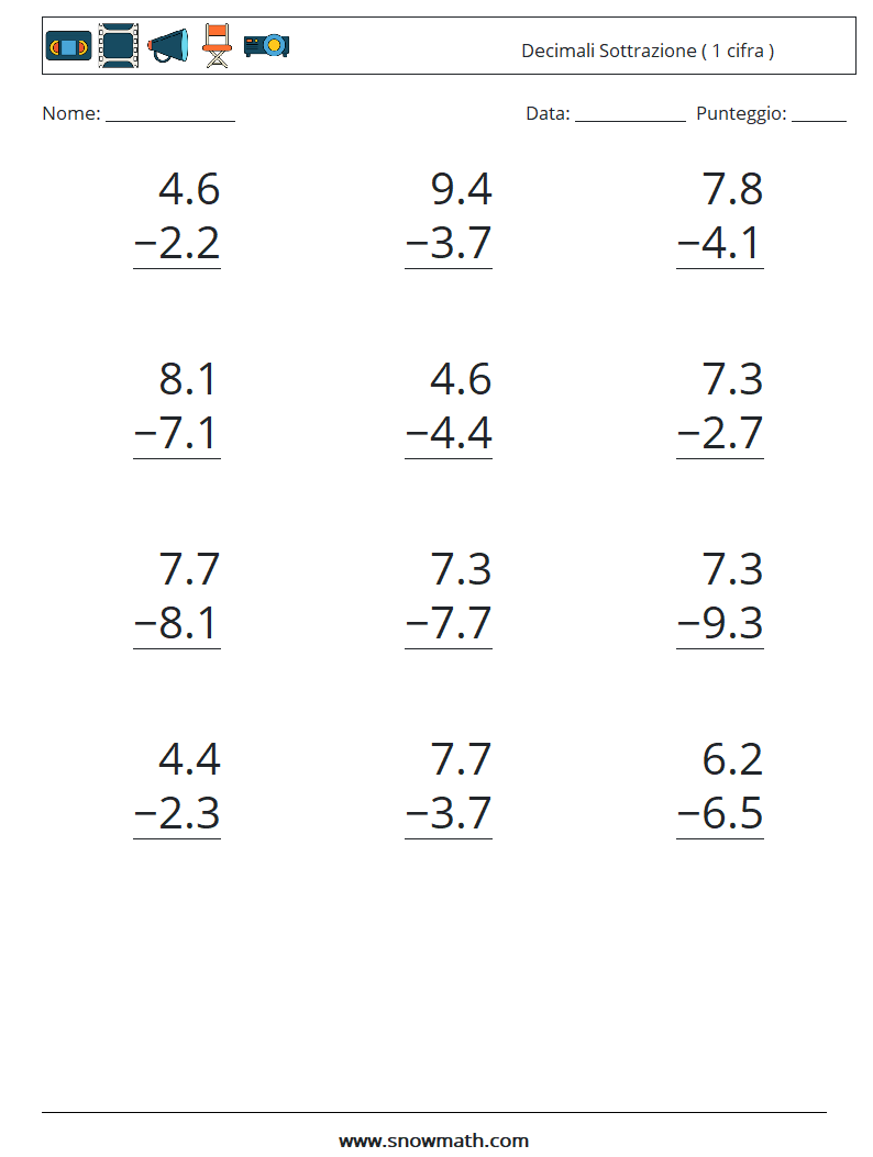 (12) Decimali Sottrazione ( 1 cifra ) Fogli di lavoro di matematica 12