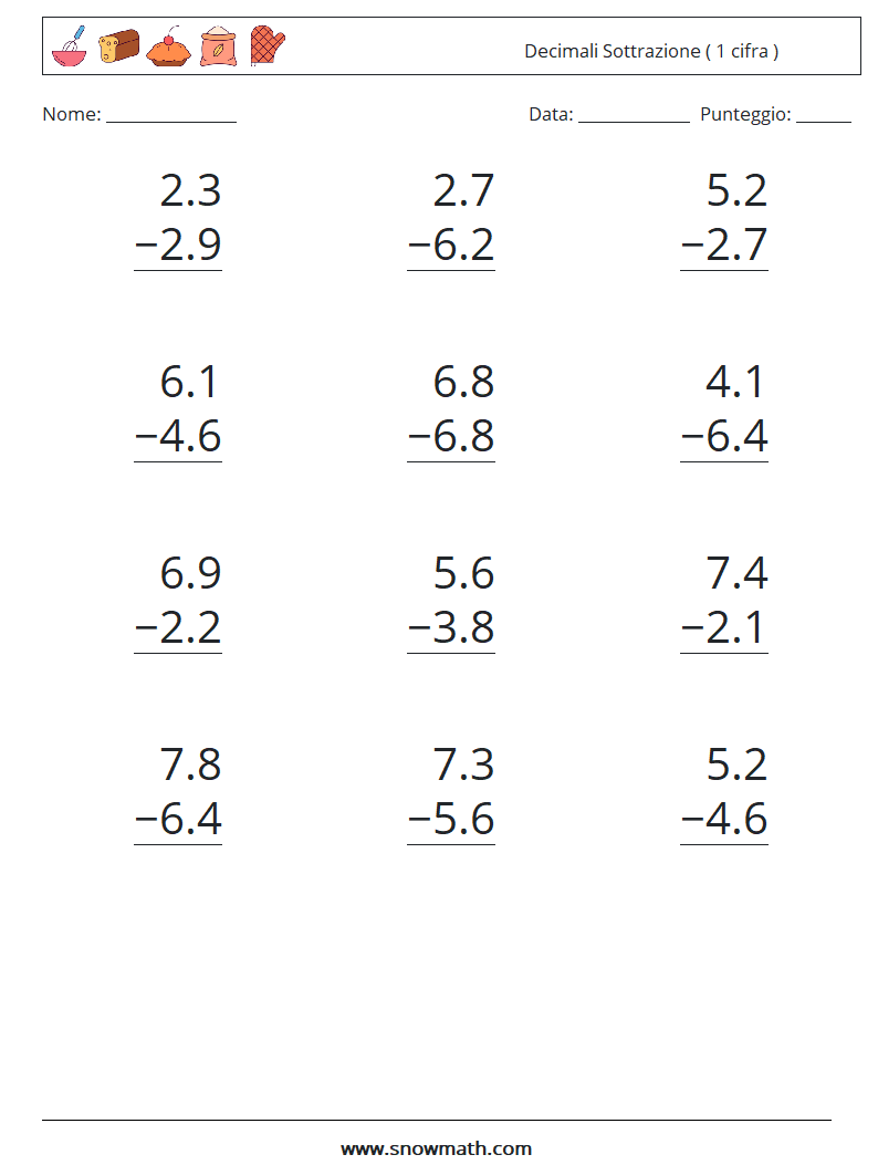 (12) Decimali Sottrazione ( 1 cifra ) Fogli di lavoro di matematica 16