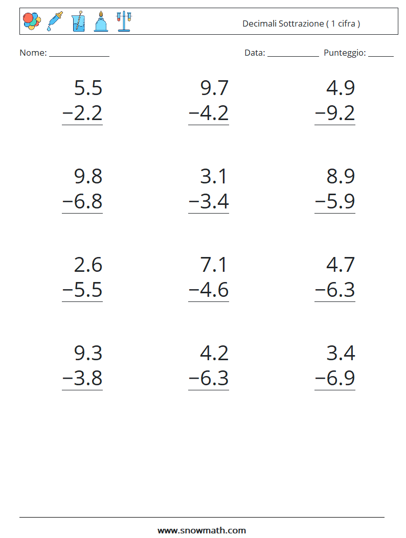 (12) Decimali Sottrazione ( 1 cifra ) Fogli di lavoro di matematica 18