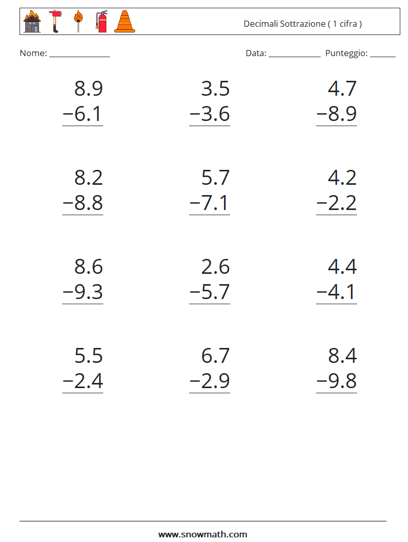 (12) Decimali Sottrazione ( 1 cifra ) Fogli di lavoro di matematica 2