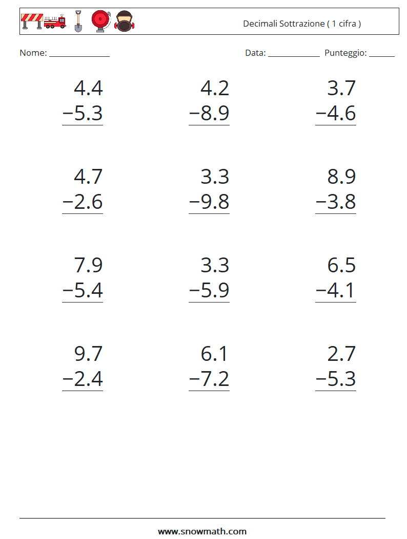 (12) Decimali Sottrazione ( 1 cifra ) Fogli di lavoro di matematica 4