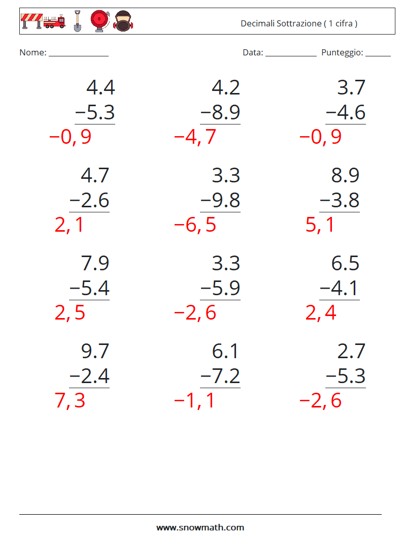 (12) Decimali Sottrazione ( 1 cifra ) Fogli di lavoro di matematica 4 Domanda, Risposta