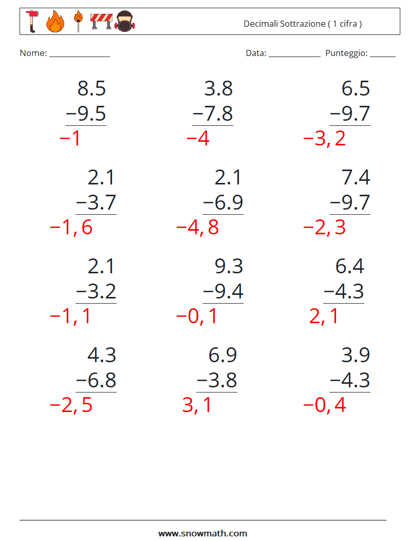 (12) Decimali Sottrazione ( 1 cifra ) Fogli di lavoro di matematica 6 Domanda, Risposta