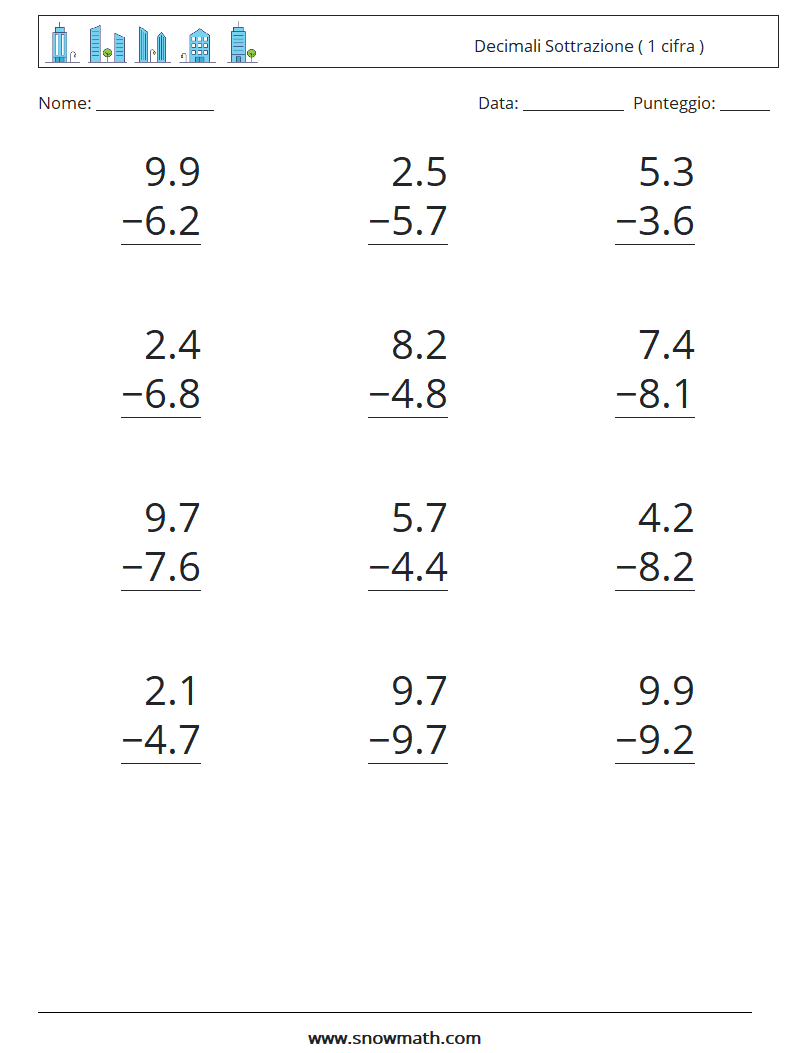 (12) Decimali Sottrazione ( 1 cifra ) Fogli di lavoro di matematica 9