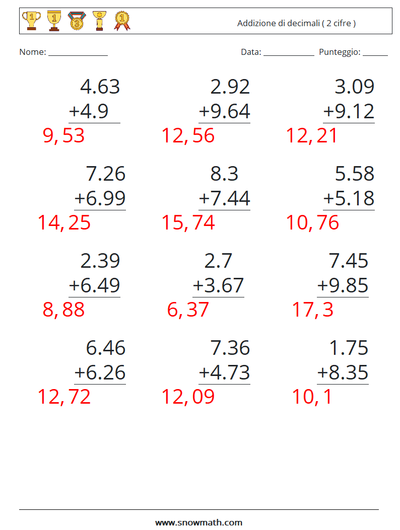 (12) Addizione di decimali ( 2 cifre ) Fogli di lavoro di matematica 12 Domanda, Risposta