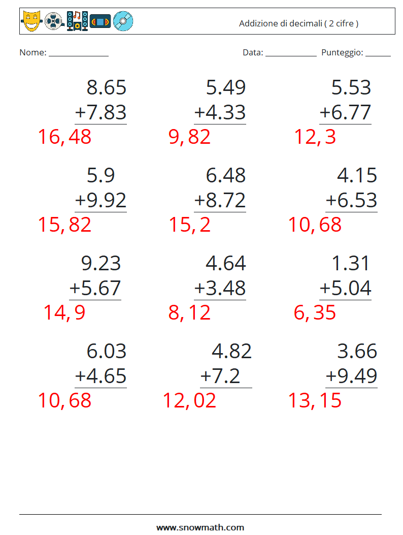 (12) Addizione di decimali ( 2 cifre ) Fogli di lavoro di matematica 15 Domanda, Risposta