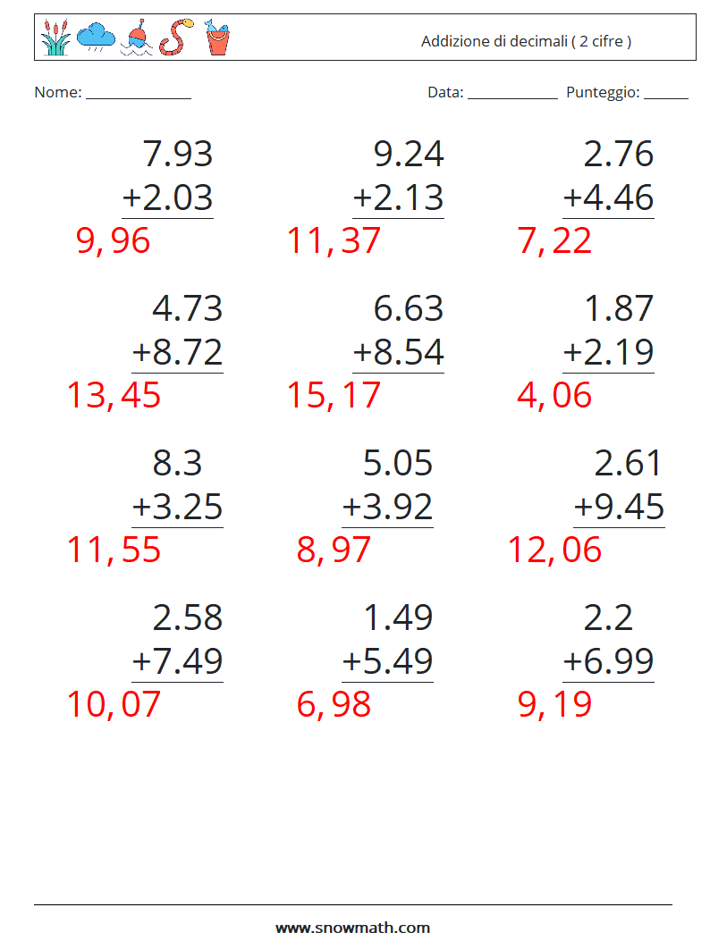 (12) Addizione di decimali ( 2 cifre ) Fogli di lavoro di matematica 17 Domanda, Risposta