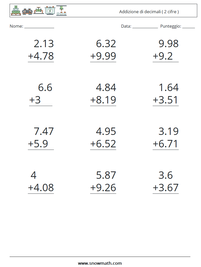 (12) Addizione di decimali ( 2 cifre ) Fogli di lavoro di matematica 5