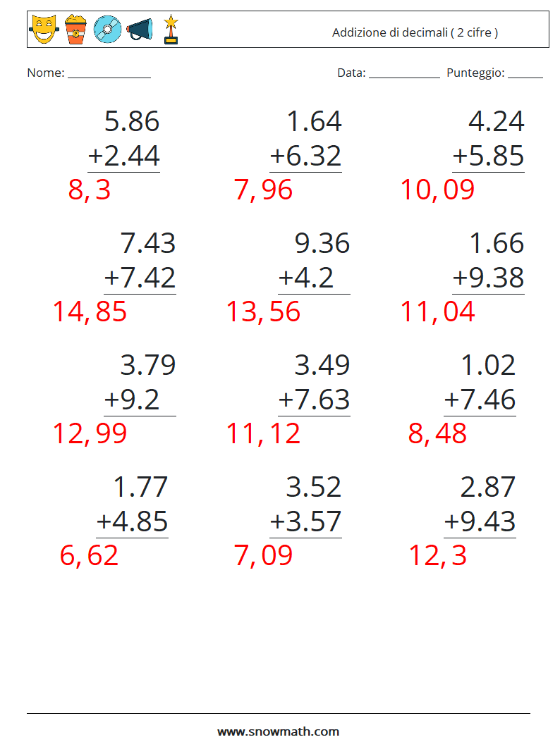 (12) Addizione di decimali ( 2 cifre ) Fogli di lavoro di matematica 8 Domanda, Risposta