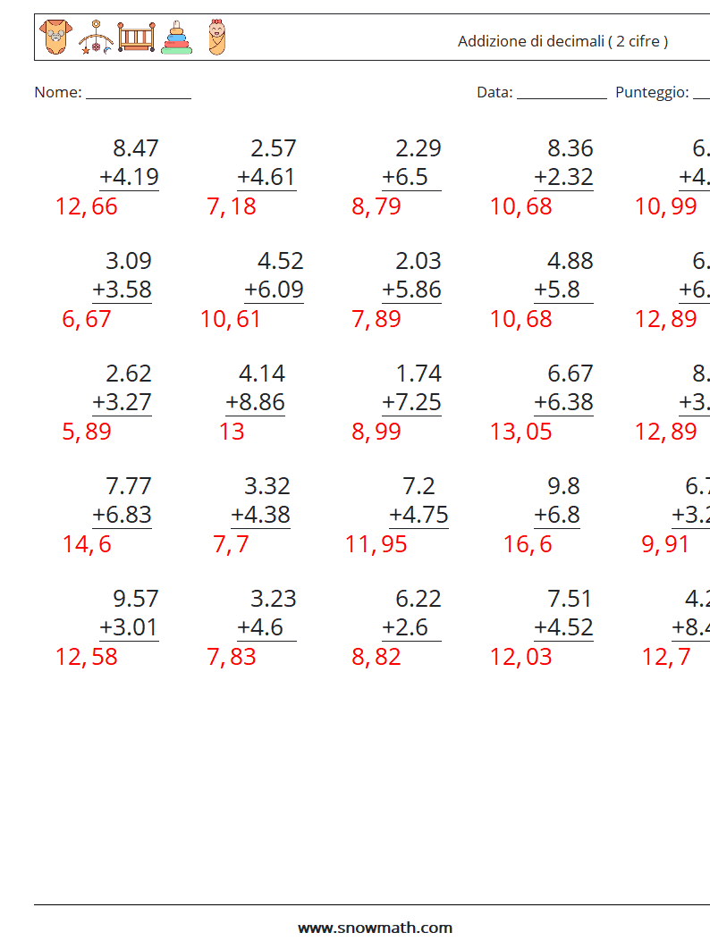 (25) Addizione di decimali ( 2 cifre ) Fogli di lavoro di matematica 11 Domanda, Risposta