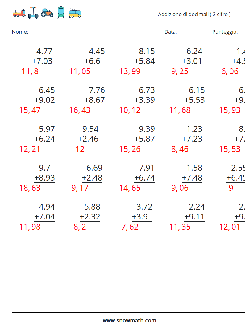 (25) Addizione di decimali ( 2 cifre ) Fogli di lavoro di matematica 15 Domanda, Risposta