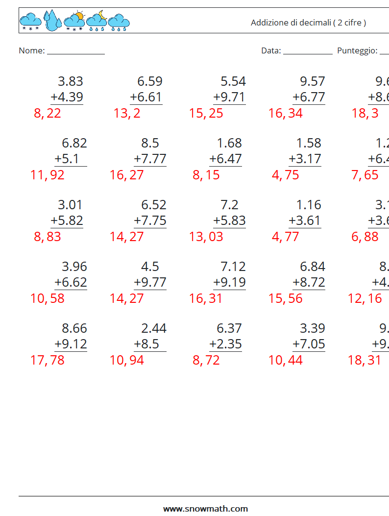 (25) Addizione di decimali ( 2 cifre ) Fogli di lavoro di matematica 7 Domanda, Risposta