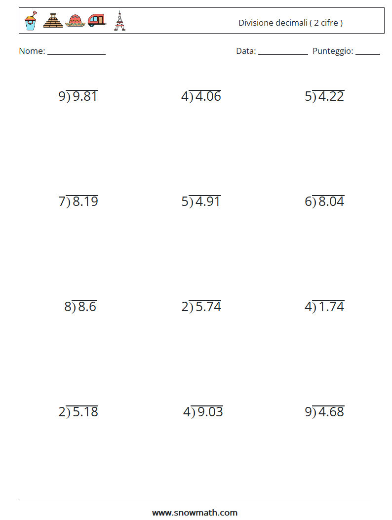 (12) Divisione decimali ( 2 cifre ) Fogli di lavoro di matematica 10