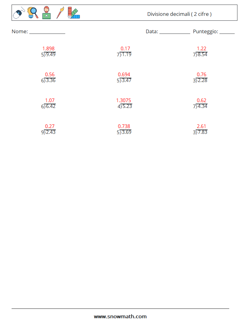 (12) Divisione decimali ( 2 cifre ) Fogli di lavoro di matematica 12 Domanda, Risposta