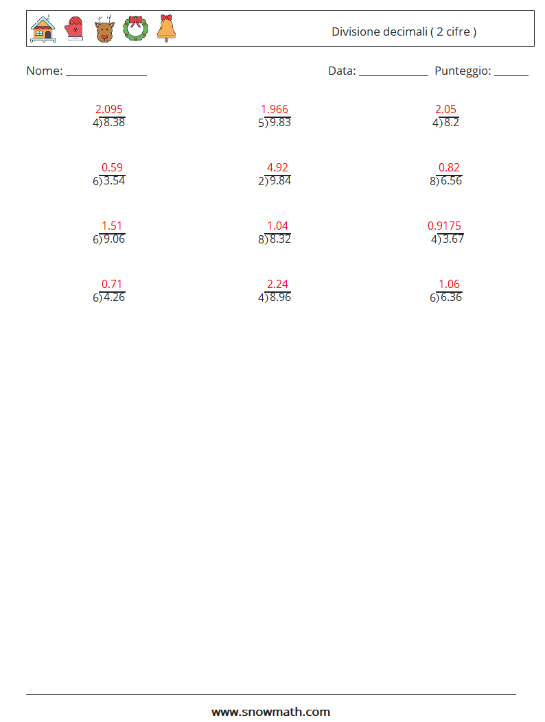 (12) Divisione decimali ( 2 cifre ) Fogli di lavoro di matematica 13 Domanda, Risposta