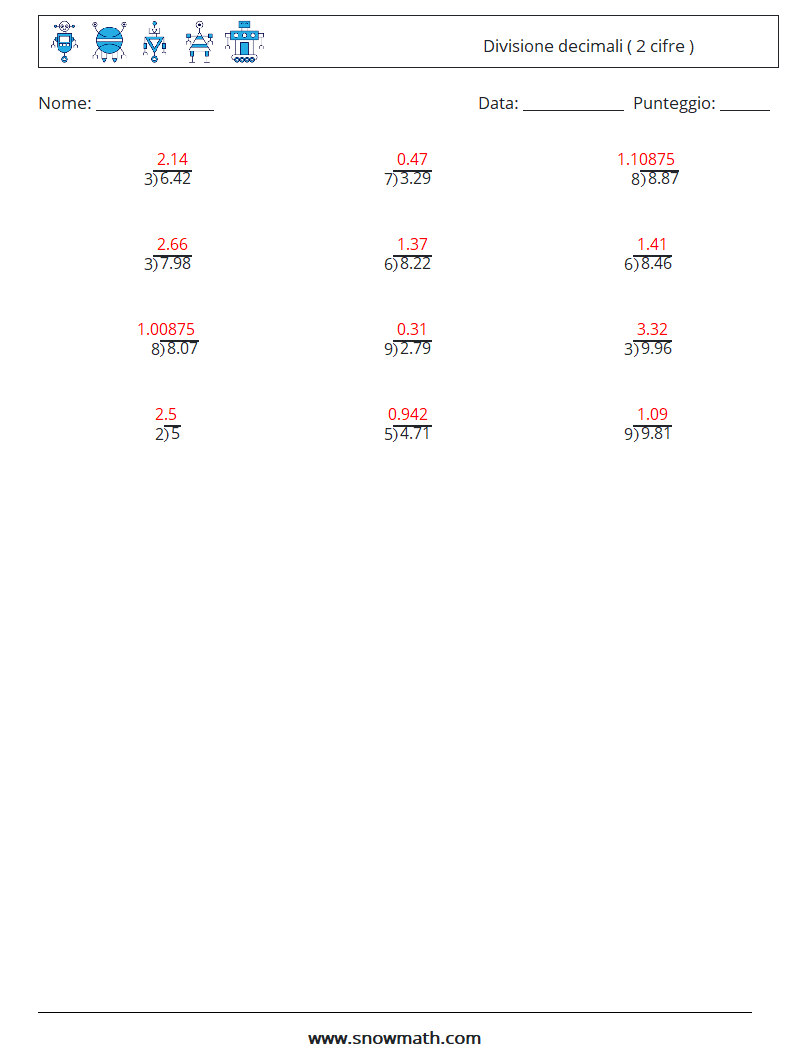 (12) Divisione decimali ( 2 cifre ) Fogli di lavoro di matematica 18 Domanda, Risposta