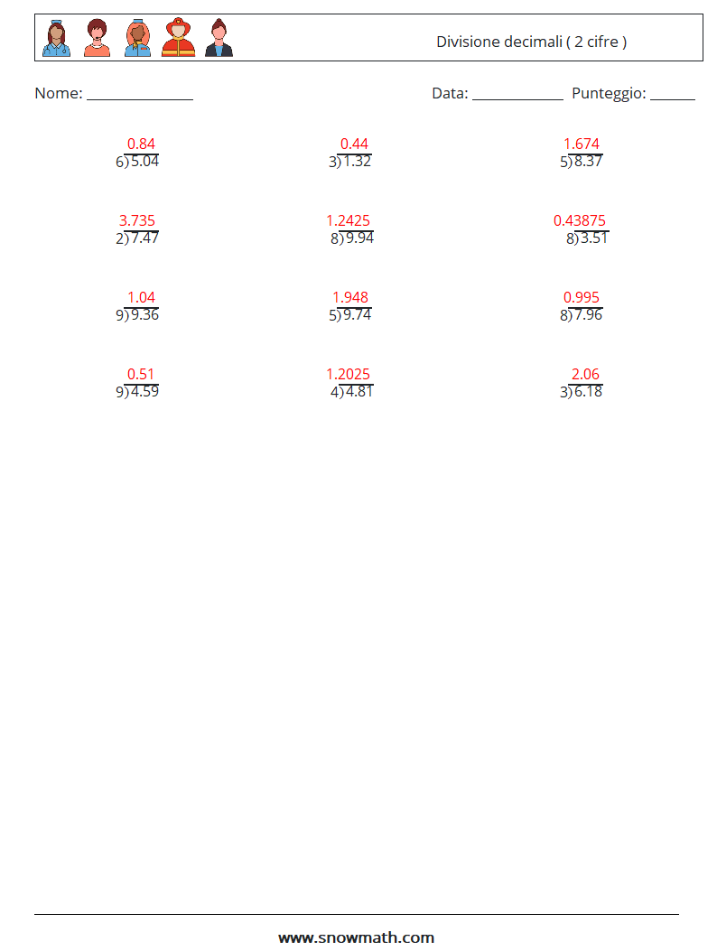 (12) Divisione decimali ( 2 cifre ) Fogli di lavoro di matematica 6 Domanda, Risposta
