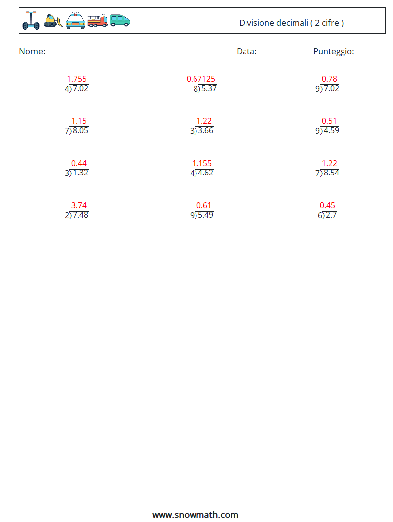 (12) Divisione decimali ( 2 cifre ) Fogli di lavoro di matematica 7 Domanda, Risposta