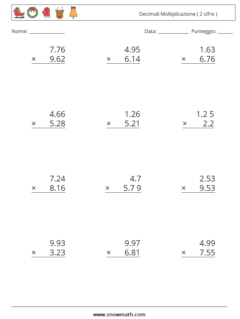 (12) Decimali Moltiplicazione ( 2 cifre ) Fogli di lavoro di matematica 10
