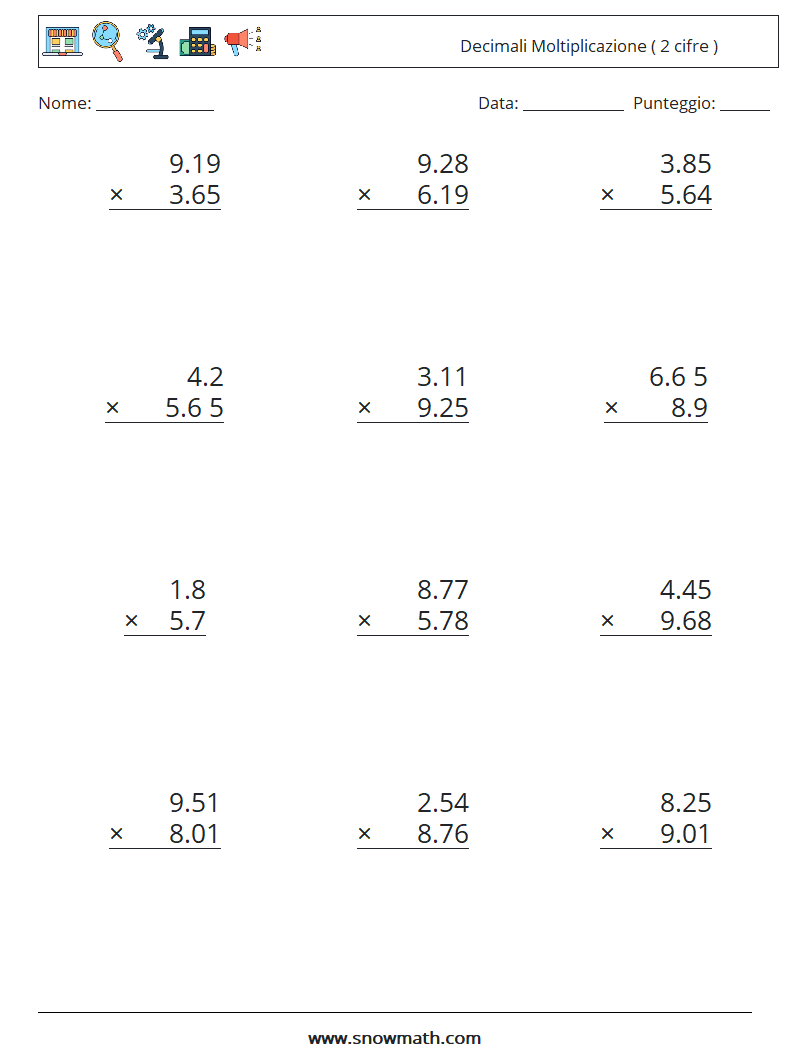 (12) Decimali Moltiplicazione ( 2 cifre ) Fogli di lavoro di matematica 11