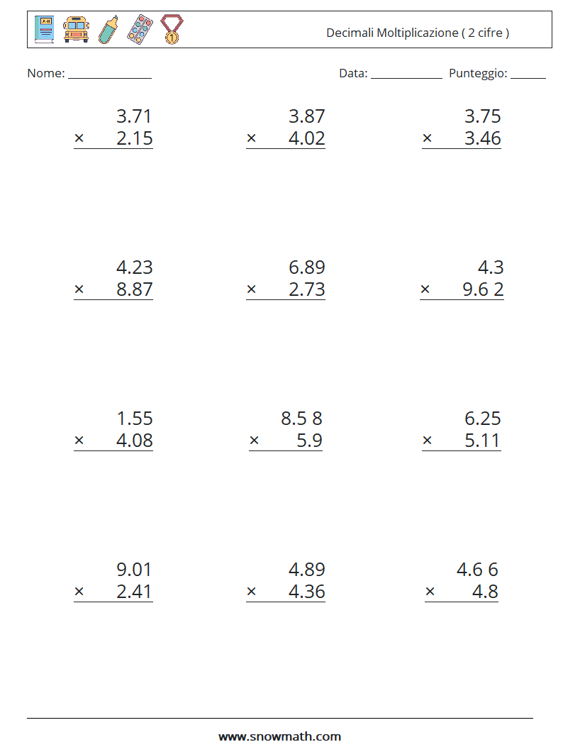 (12) Decimali Moltiplicazione ( 2 cifre ) Fogli di lavoro di matematica 12