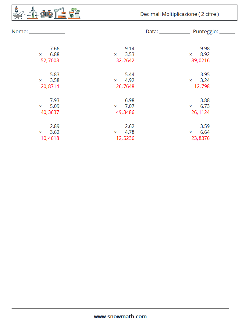 (12) Decimali Moltiplicazione ( 2 cifre ) Fogli di lavoro di matematica 13 Domanda, Risposta