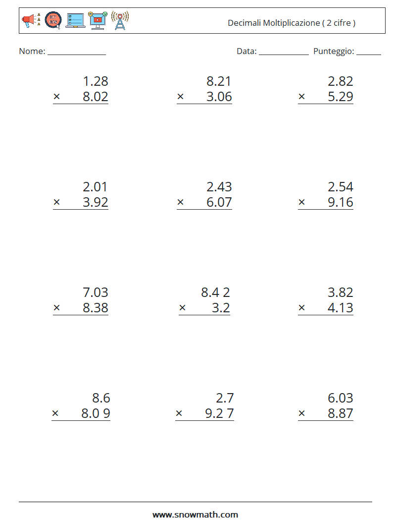 (12) Decimali Moltiplicazione ( 2 cifre ) Fogli di lavoro di matematica 14