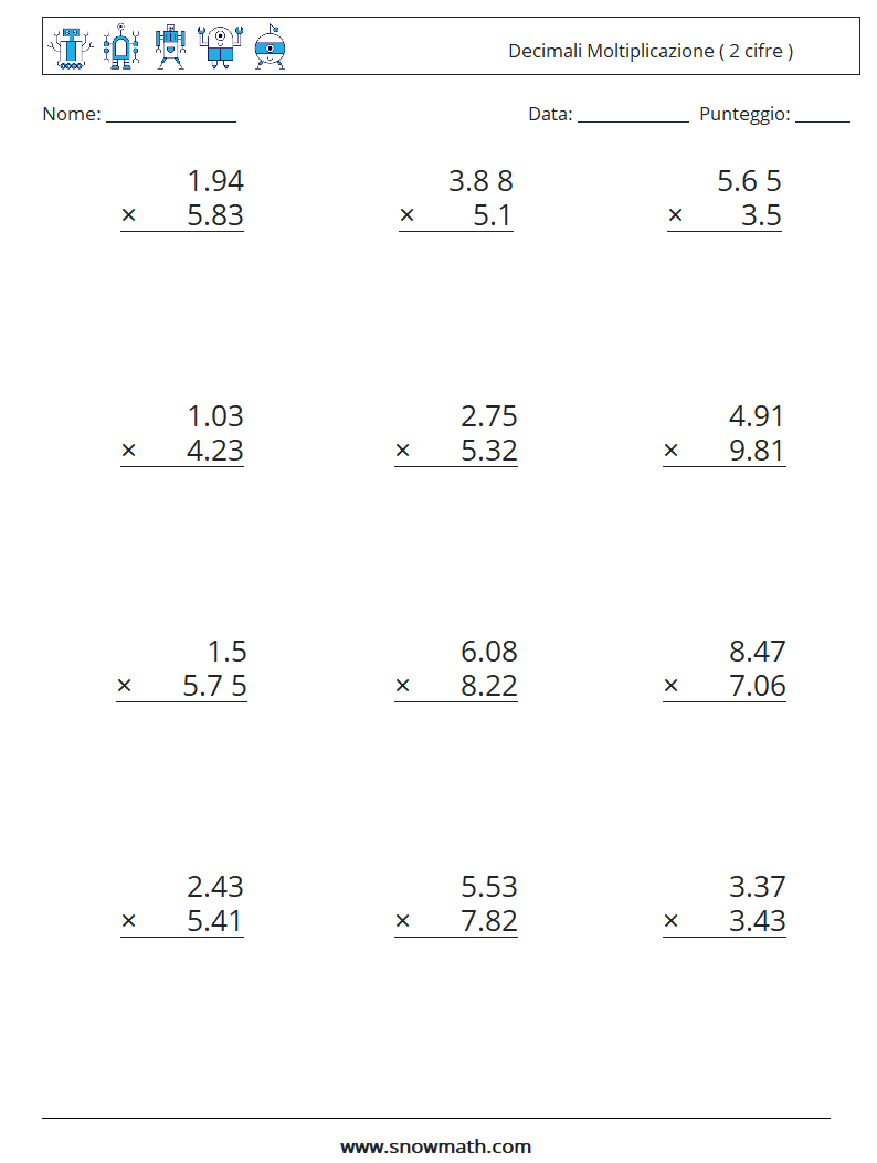 (12) Decimali Moltiplicazione ( 2 cifre ) Fogli di lavoro di matematica 15