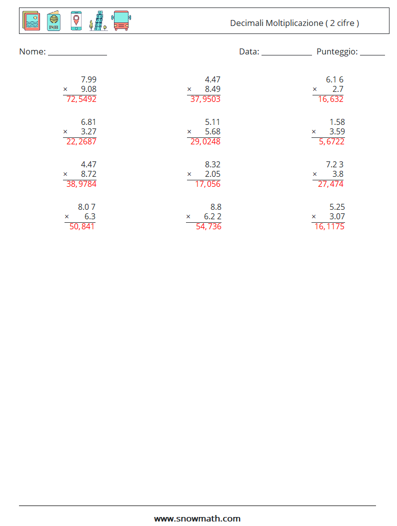 (12) Decimali Moltiplicazione ( 2 cifre ) Fogli di lavoro di matematica 16 Domanda, Risposta