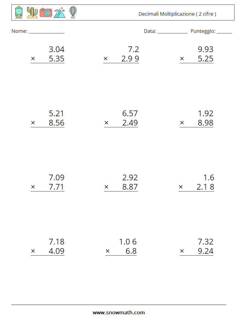 (12) Decimali Moltiplicazione ( 2 cifre ) Fogli di lavoro di matematica 17