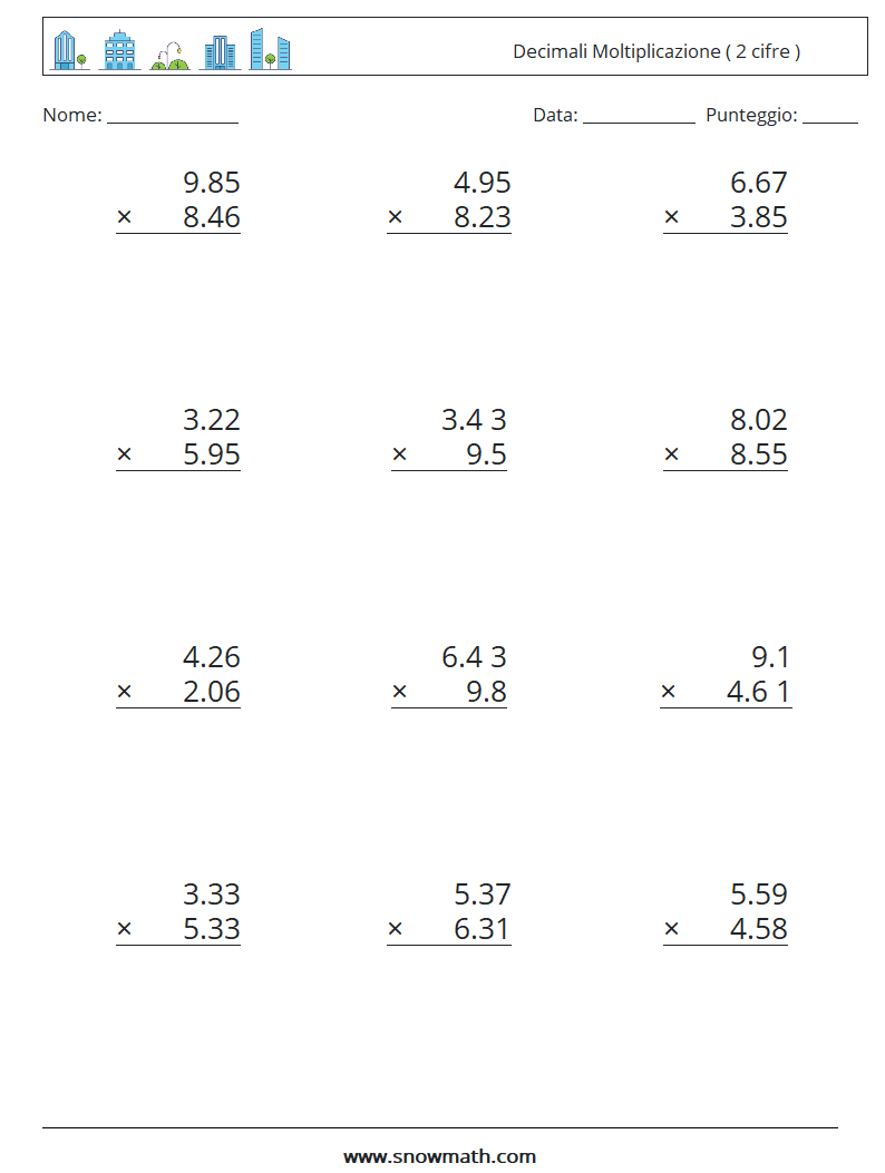 (12) Decimali Moltiplicazione ( 2 cifre ) Fogli di lavoro di matematica 18