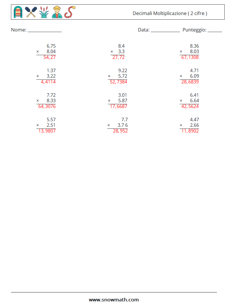 (12) Decimali Moltiplicazione ( 2 cifre ) Fogli di lavoro di matematica 1 Domanda, Risposta