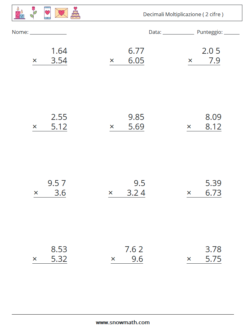 (12) Decimali Moltiplicazione ( 2 cifre ) Fogli di lavoro di matematica 2