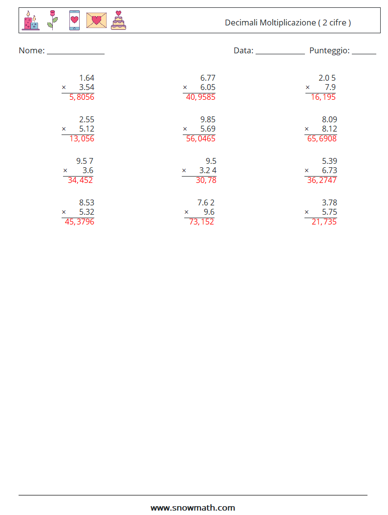 (12) Decimali Moltiplicazione ( 2 cifre ) Fogli di lavoro di matematica 2 Domanda, Risposta