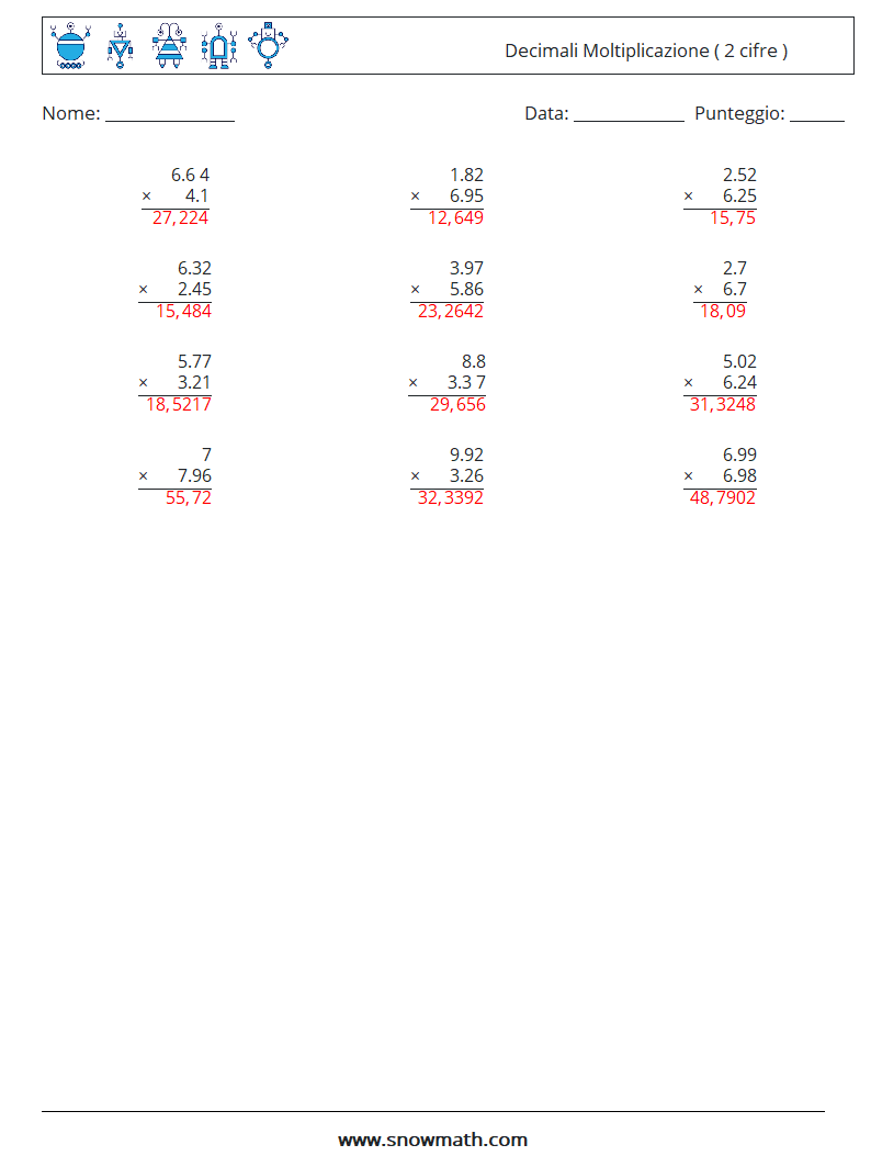 (12) Decimali Moltiplicazione ( 2 cifre ) Fogli di lavoro di matematica 3 Domanda, Risposta