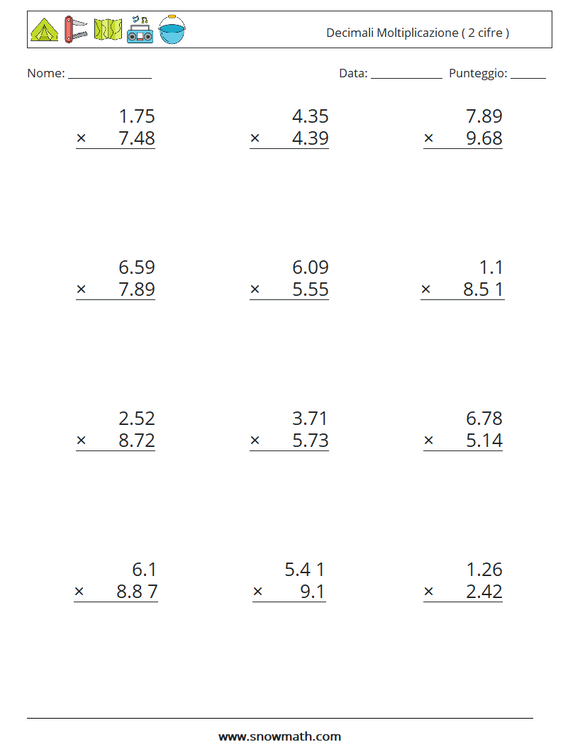 (12) Decimali Moltiplicazione ( 2 cifre ) Fogli di lavoro di matematica 4